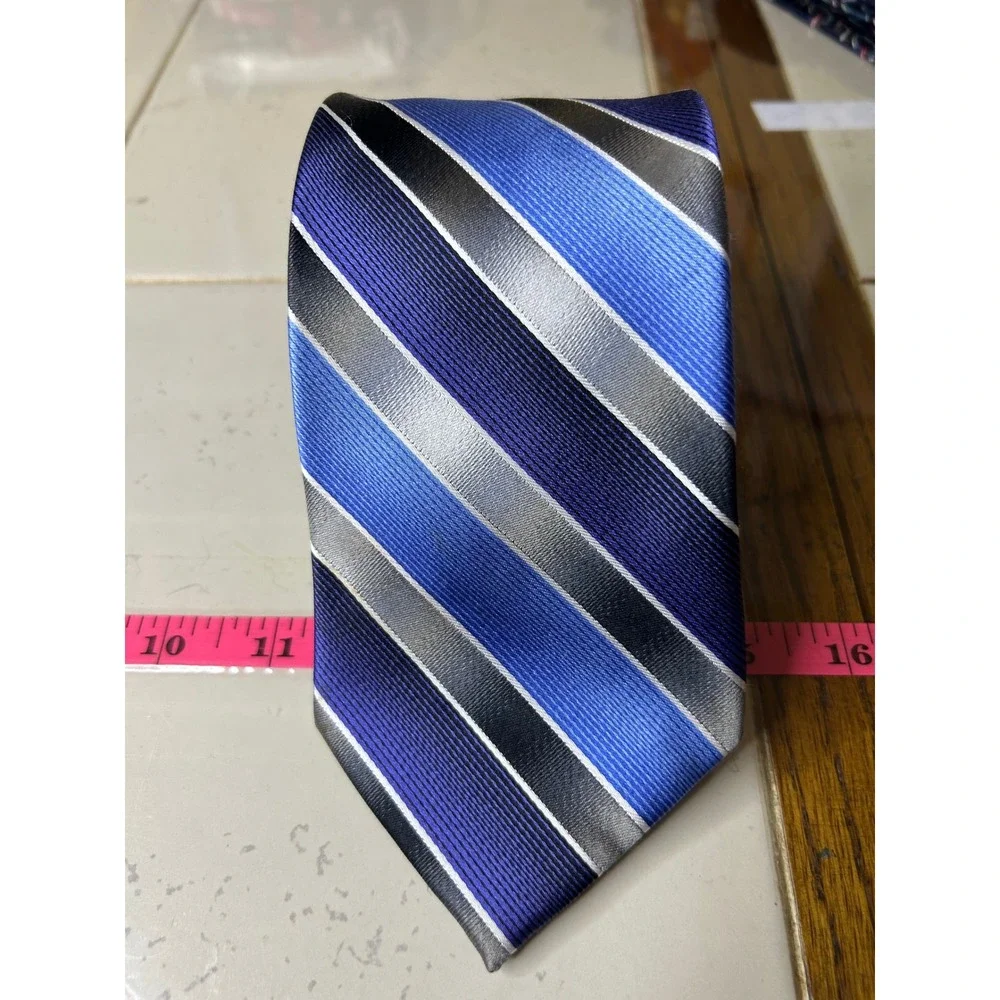 VANHEUSEN Men's Silk Blue Grey Black Stripe Necktie Formal Business